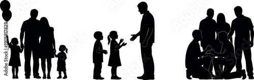 Black silhouettes of diverse family groups, parents with children, a man greeting kids, and friends gathering for social community interaction.