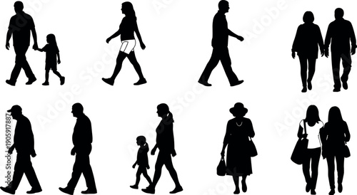 Black Silhouettes of Diverse People Walking and Commuting Including Families Couples and Individuals Isolated on White Background for Vector Design