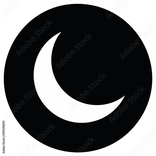 Simple crescent moon shape symbol in black circle icon