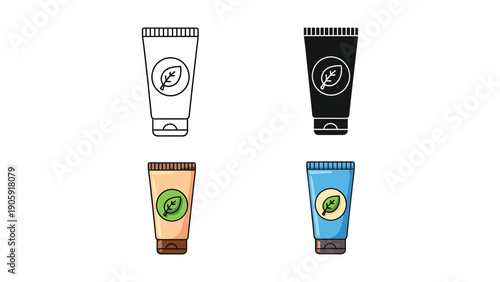 Skincare Cream Tube Icon Set: Natural Leaf Symbol in Outline, Silhouette, and Color