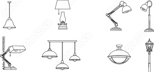 Minimal line art lamp icons set featuring pendant desk table floor and street lights isolated on white background for interior lighting design projects