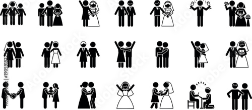 Comprehensive Wedding and Marriage Icon Set Featuring Diverse Couples LGBTQ+ Inclusive Ceremonies Romantic Celebrations Civil Unions and Nuptial Events Vector Illustrations