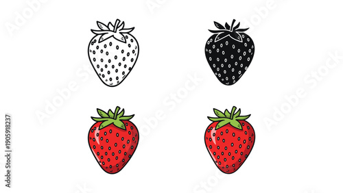 Strawberry Icon Collection: Outline, Silhouette, and Color Variations for Fresh Fruit