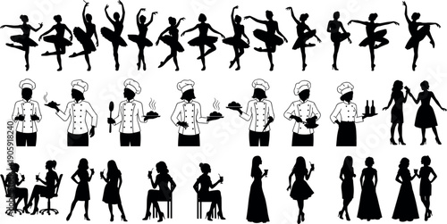 Comprehensive Collection of Female Silhouettes Featuring Professional Chefs in Uniform Ballet Dancers in Poses and Elegant Women Socializing with Drinks