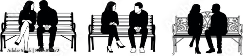 Couple Sitting on Park Bench Silhouette Set Vector Illustration of Man and Woman Talking Communicating and Dating in Outdoor Environment