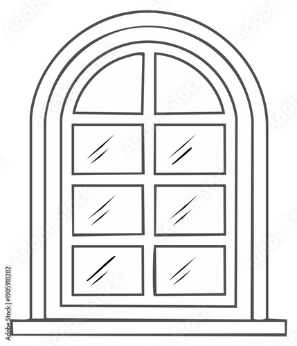 Line art illustration of an arched window with six panes and a window sill, architectural element, and outline drawing.