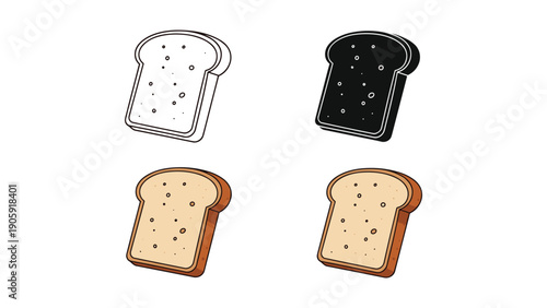 Slice of Bread Icon Set: Outline, Silhouette, and Toasted Variations for Food Themes