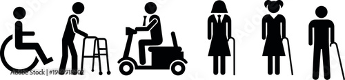 Diverse Accessibility Icons Set Representing People with Disabilities Using Wheelchair Walker Mobility Scooter and Walking Canes for Inclusive Signage Design