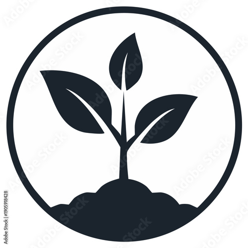 Simple icon of a plant seedling growing from soil inside a circle