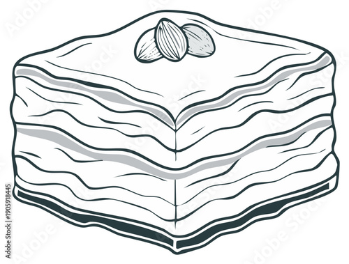 Traditional layered baklava pastry sweet dessert topped with crunchy almonds an outline illustration