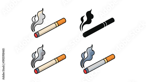 Smoking Cigarette Icon Set: Outline, Silhouette, and Color Styles with Smoke