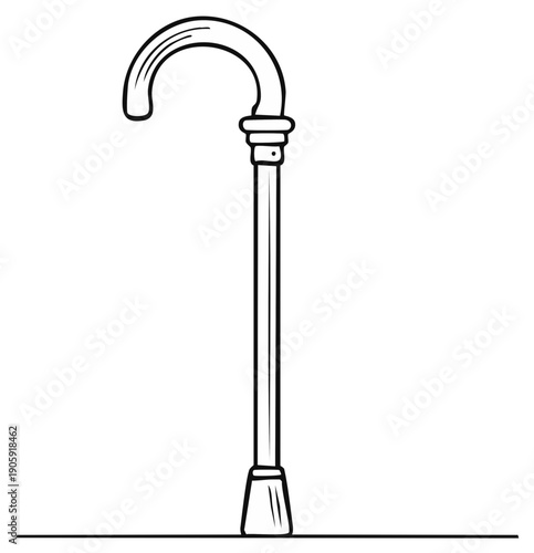 Black and white drawing of a curved handle walking stick on white