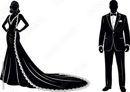 Elegant black and white silhouette of a bride in a long train lace wedding dress and a groom in tuxedo.