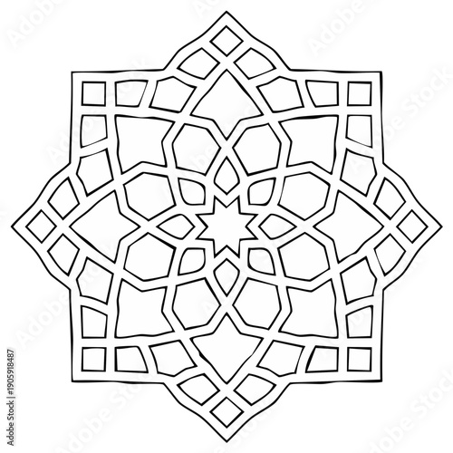 Intricate geometric Islamic star pattern design ornamental element in black ink drawing