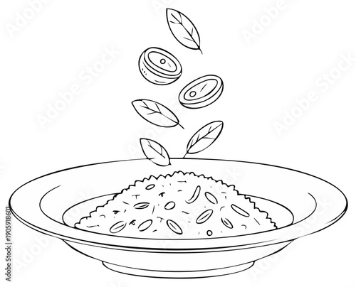 Line art illustration of fresh basil leaves and sliced olives falling into a bowl of grain or risotto