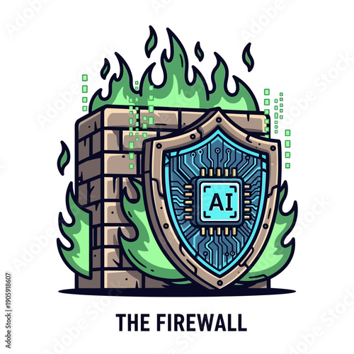 Stylized illustration depicting an artificial intelligence powered cybersecurity firewall shield protecting a brick wall structure engulfed in green digital flames.