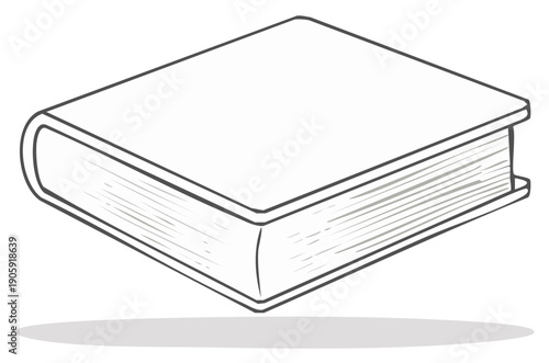 Illustration of a blank hardbound book on its side with pages shown in simple gray tones and black outlines