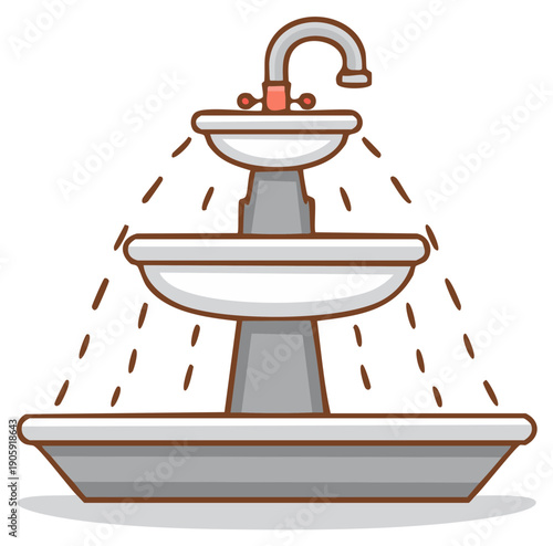 Cartoon cascading fountain illustration with water flowing from tiers and faucet