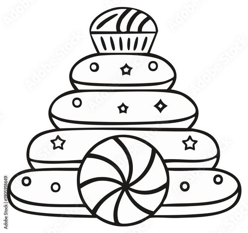 Black and white illustration of a festive sweets pyramid
