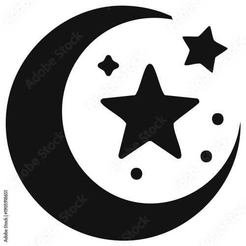 Crescent Moon with Stars and Celestial Elements Illustration