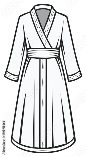 Illustration of a flowing belted robe garment design with decorative trim and sleeves.