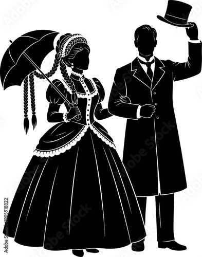 Elegant Victorian couple in black and white silhouette walking together with umbrella and top hat for vintage historical retro design.