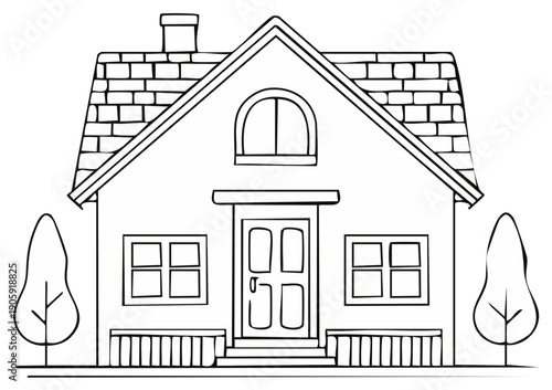Black and white illustration of a house with trees on a white background