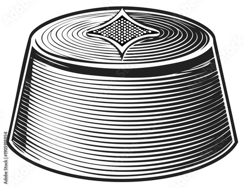 Monochrome illustration of a stylized kufi hat, traditional brimless cap worn in Muslim communities worldwide, cultural headdress drawing