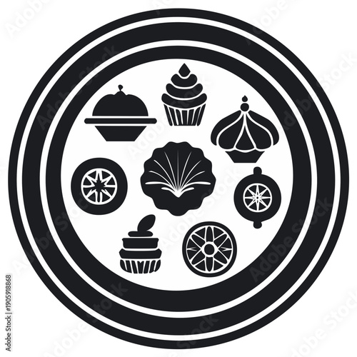 Abstract black and white design of food, vehicles, and decorative elements arranged in a circle.