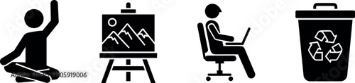 Flat vector icons set featuring a person meditating, mountain landscape painting on easel, freelancer working on laptop, and recycle bin