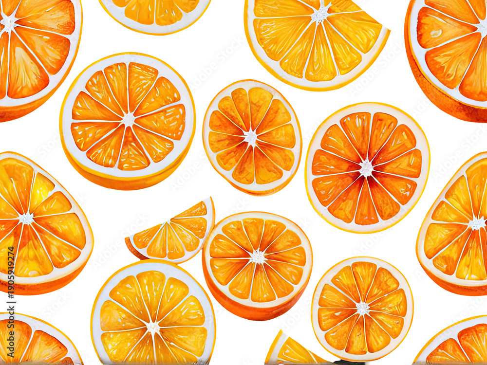 Obraz premium Fresh orange slices arranged on a white surface