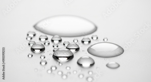 Clear water droplets bead on a pristine light grey surface.