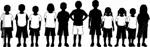 Group of diverse children silhouettes standing in a row wearing casual t-shirts and shorts for summer youth and education concepts