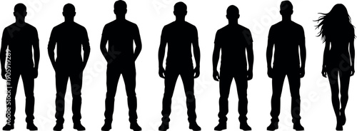 Group of casual men silhouettes standing in a row with one confident woman with long flowing hair isolated on white.