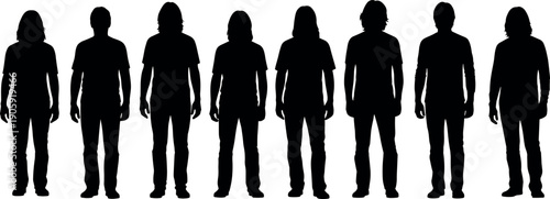 Group of Eight Diverse Male Silhouettes Standing in Row Wearing Casual T-shirts and Jeans Isolated on White Background Vector Illustration