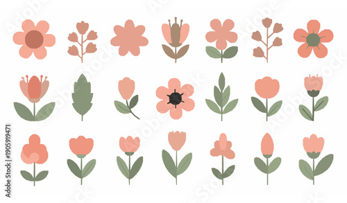 Cute Groovy Floral Botanical Vector Set with Spring and Summer Flowers Leaves and Branches on White Background