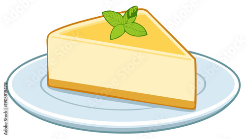 Slice of cheesecake with mint leaf on a light blue plate illustration