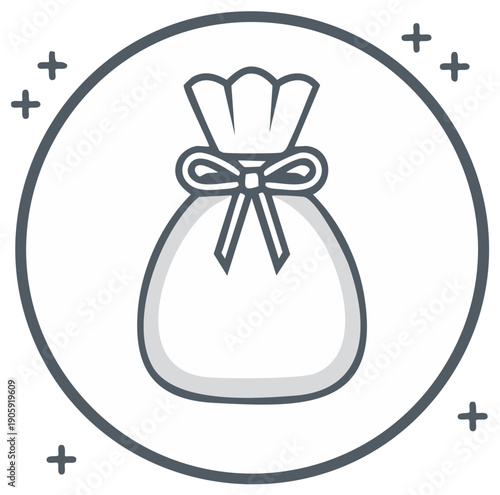 Money bag or gift sack with a decorative bow inside a circular frame line icon