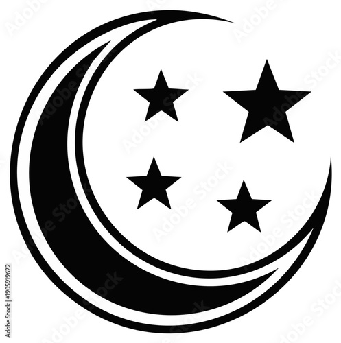 Black crescent moon with four stars celestial symbol and icon