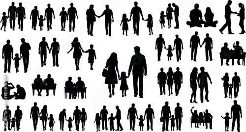 Large Collection of Silhouette Vector Illustrations Featuring Diverse Families Couples and Groups Walking Sitting and Interacting in Various Social Settings