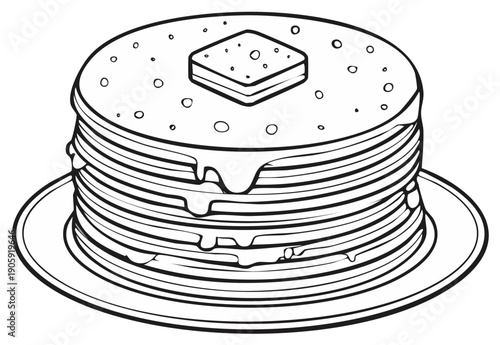 Stack of pancakes with butter and syrup on a plate