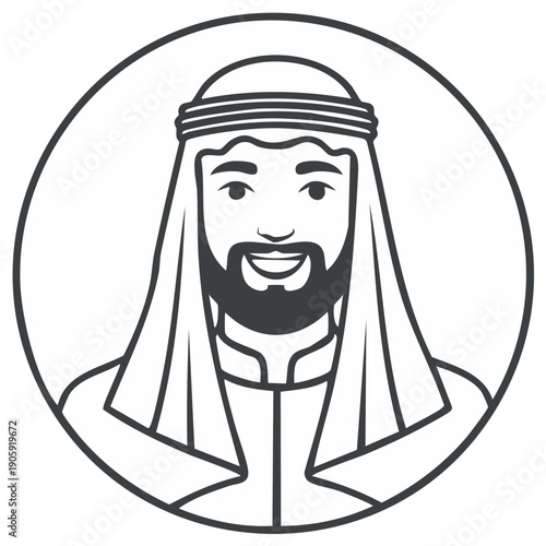 Outline Portrait of Middle Eastern Man in Traditional Headdress Smiling with Friendly Expression