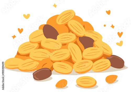 Illustrated pile of almonds and dates with decorative hearts and stars