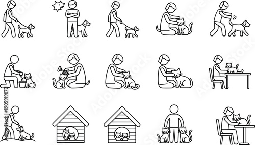 Line art vector icons set showing people caring for pets including walking dogs feeding cats grooming and bonding at home