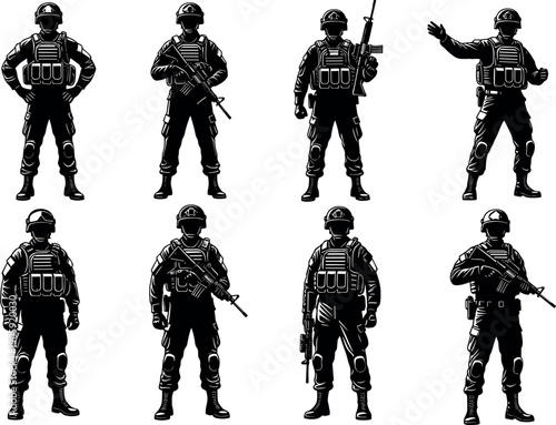Military Soldier Silhouettes Set in Black and White Vector Style Featuring Tactical Gear Armor and Rifles for Security Design Projects