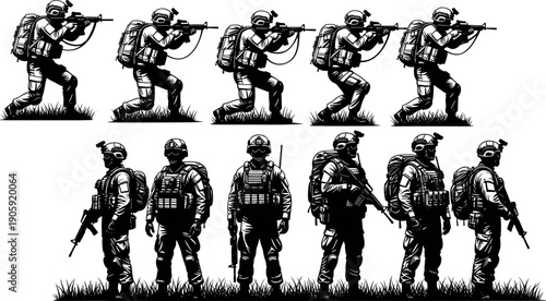 Military Soldier Tactical Silhouette Set Vector with Special Forces Infantry in Combat Poses Holding Rifles Gear and Backpacks on Grass