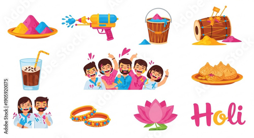Vibrant holi festival celebration icons with colorful powder water gun and traditional indian food