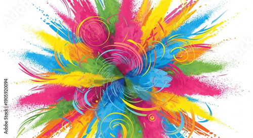 Vibrant colorful abstract art with swirling brushstrokes in pink blue yellow green on white background expressing energy and creativity