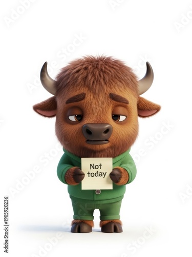 Cute 3D cartoon bison character in green pajamas holding a 