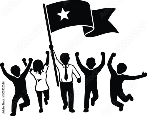 Icon of people celebrating with a flag bearing a star